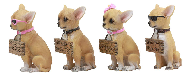 Ebros Set of 4 Adorable Tea Cup Chihuahua Dog Holding Humorous Signs Small Figurines 4.25"Tall