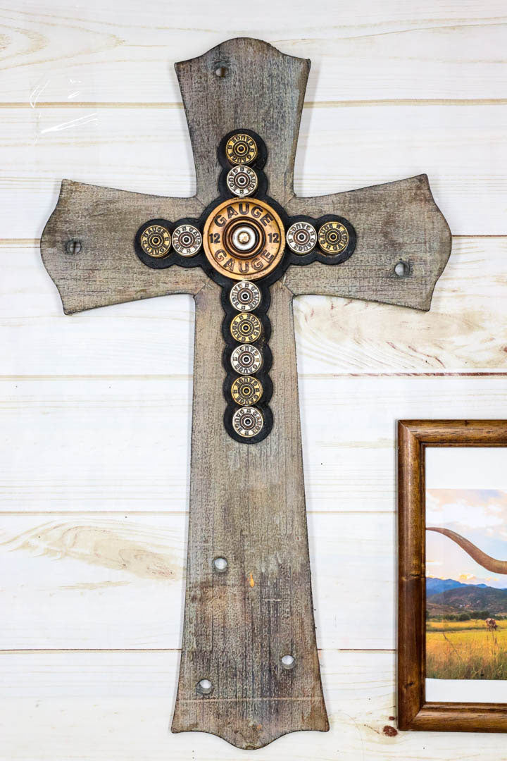 20"H Rustic Western Hunter 12 Gauge Shotgun Bullet Casings Wooden Wall Cross