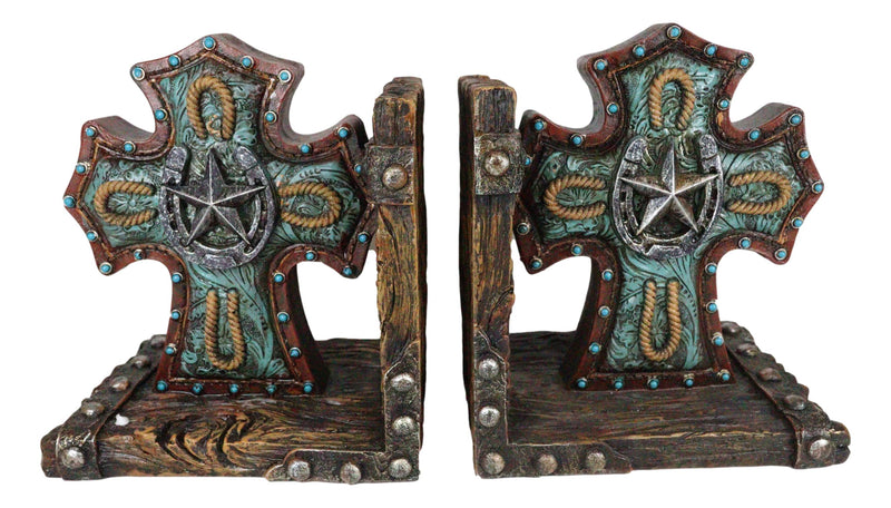 Rustic Turquoise Western Star Horseshoes Cross Braided Ropes Decorative Bookends