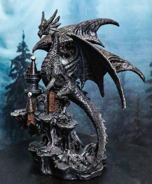 Gargantuan Stone Dragon Guarding Medieval Castle On Mountain Steppes Figurine - Ebros Gift