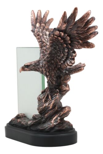 Ebros Patriotic American Bald Eagle with Outspread Wings Perching on Cliff Rock Picture Frame Bronze Electroplated Figurine with Base Resin Photo Frame Eagle Statue