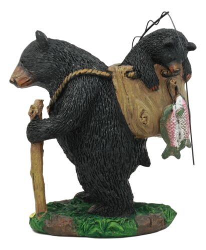 "Gone Fishing" Mother Black Bear With Cub In Fishing Backpack Statue Wildlife