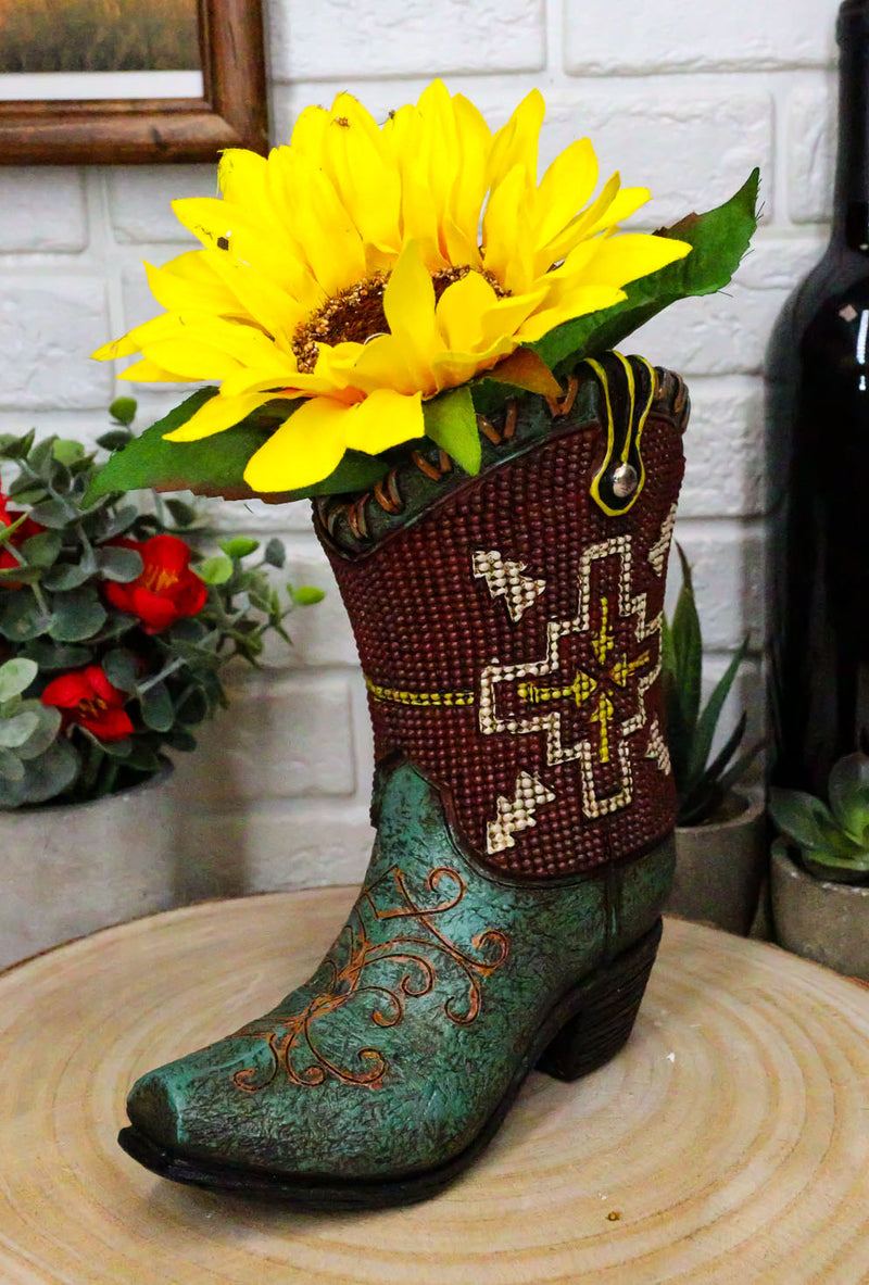 Set Of 3 Western Cowboy Aztec Mexica Faux Tooled Leather Boots Floral Vases