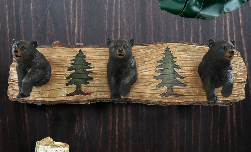 Rustic Forest Strolling Black Bears by Pine Trees 3 Pegs Wall Hooks Plaque 16"