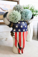 Western Patriotic US American Flag Star Spangled Banner Cow Skull Vase Planter