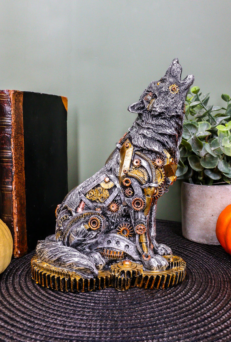 Ebros Steampunk Silver Alpha Wolf Howling Statue with Gears Base 7.5"H Figurine