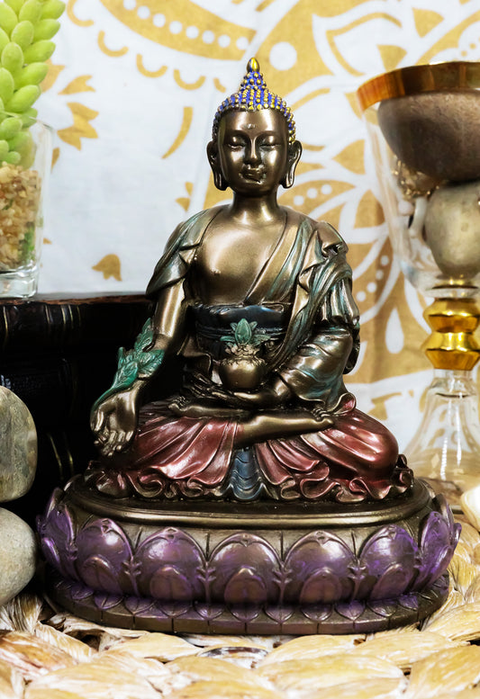 Ebros Akshobhya Bhaiṣajyaguru Medicine Buddha of Healing and Purity Meditating Figurine in Faux Bronze Patina for Home Altar Zen Decoration Eastern Enlightenment Amitabha Buddhist Statue Feng Shui