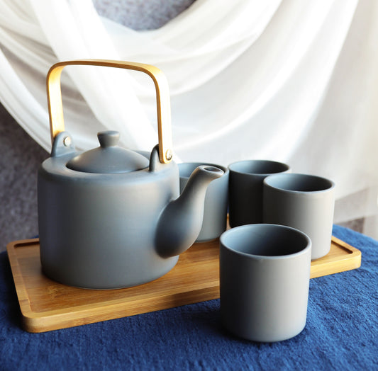 Matte Black Modern Ceramic 28oz Tea Pot With 4 Cups And Bamboo Serving Tray Set