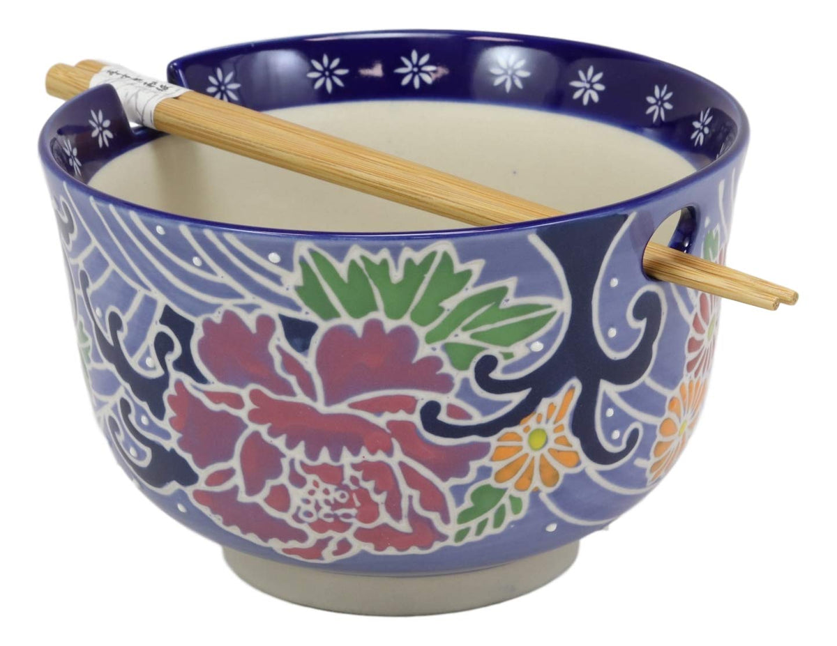 Ebros Blue Colorful Floral Breeze Ramen Udon Noodles Large 6.25" Diameter Soup Bowl With Built In Rest and Bamboo Chopsticks Set for Rice Pasta Salad