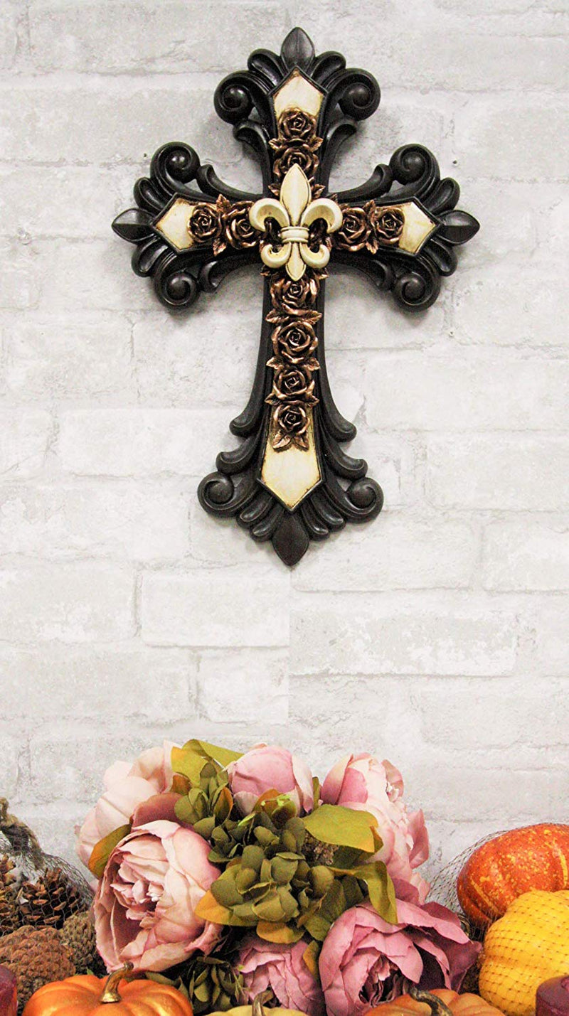Ebros Rustic Southwest Fleur De Lis On Faux Bronze Roses with Tuscan Scroll Art Wall Cross Decor Plaque Vintage Scrollwork Hanging Sculpture 14.5" Tall Catholic Christian Accent Decorative Crosses