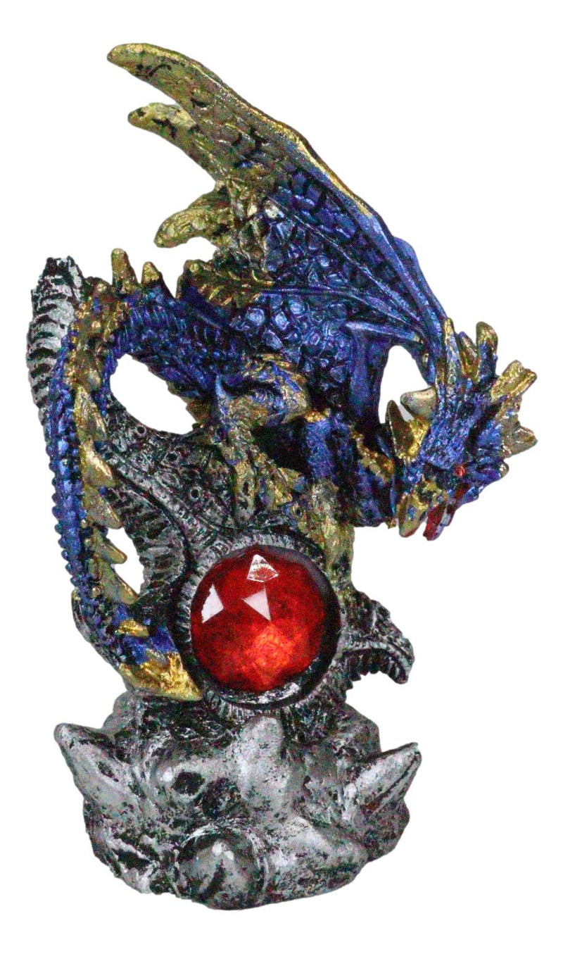 Blue Rune Dragon Guarding Ancient Relic Ruins With Red Crystal Gem Figurine
