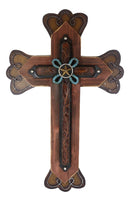 Large 25"H Rustic Western Star Turquoise Ropes Faux Tooled Leather Wall Cross