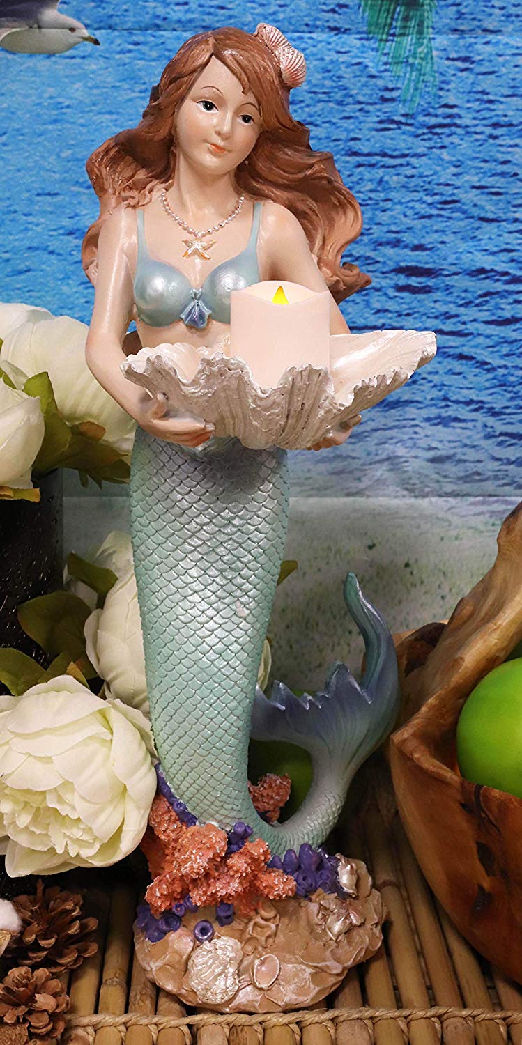 Ebros 17" Tall Mermaid with Giant Oyster Shell Dish Votive Candle Holder Statue - Ebros Gift