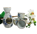 Japanese 7oz Blue White Sakura Cherry Blossoms Sake Flask With Four Cups Set