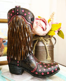 Rustic Western Cowboy Frill Fringe With Pink Stars Faux Leather Boot Vase Decor