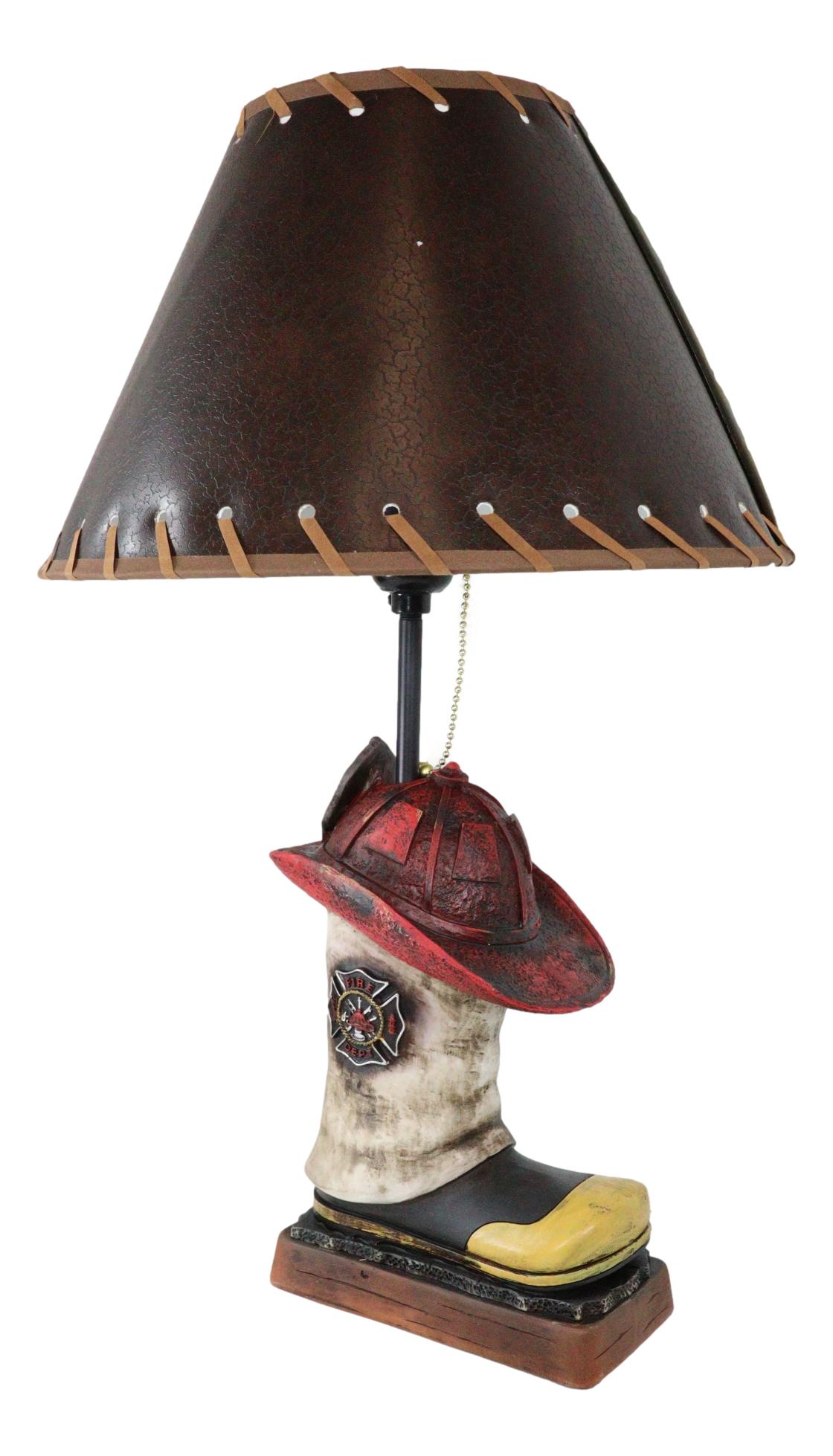 American Hero Fire Fighters Fireman Boot And Helmet Table Lamp With Laced Shade - Ebros Gift