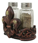 Western Tuscany Fleur De Lis Golden Flowers Salt And Pepper Shakers Holder Set