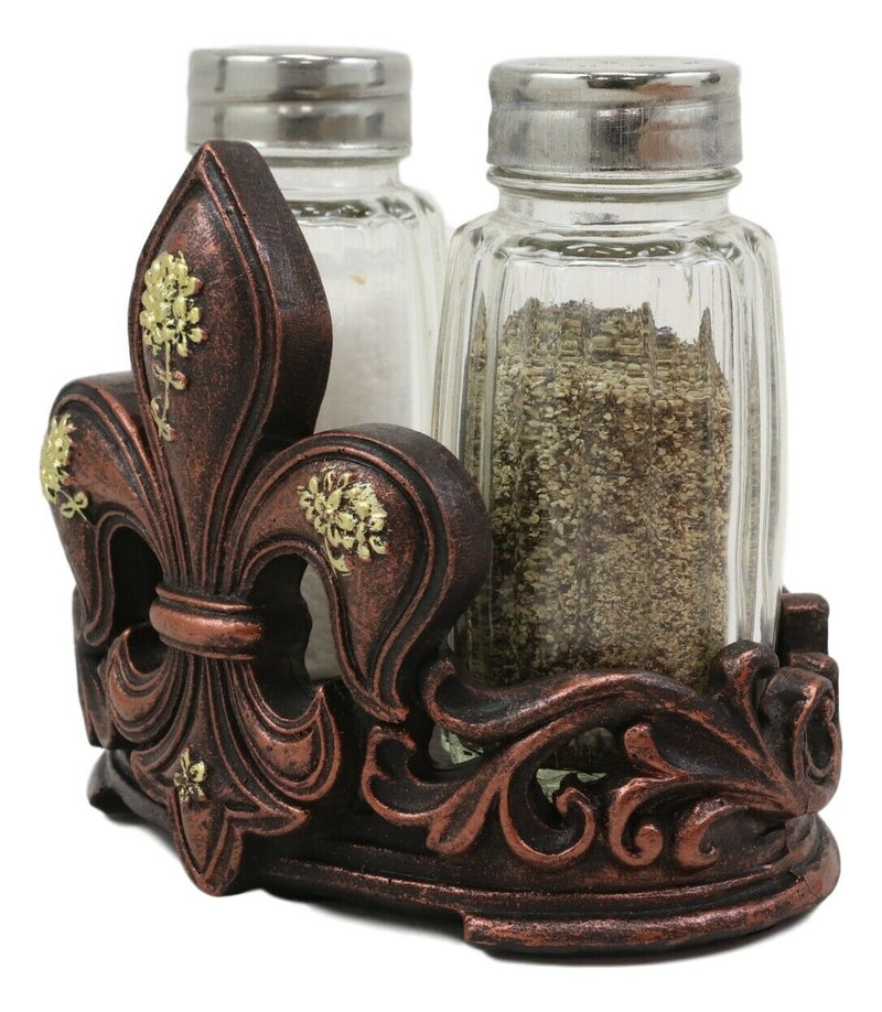 Western Tuscany Fleur De Lis Golden Flowers Salt And Pepper Shakers Holder Set