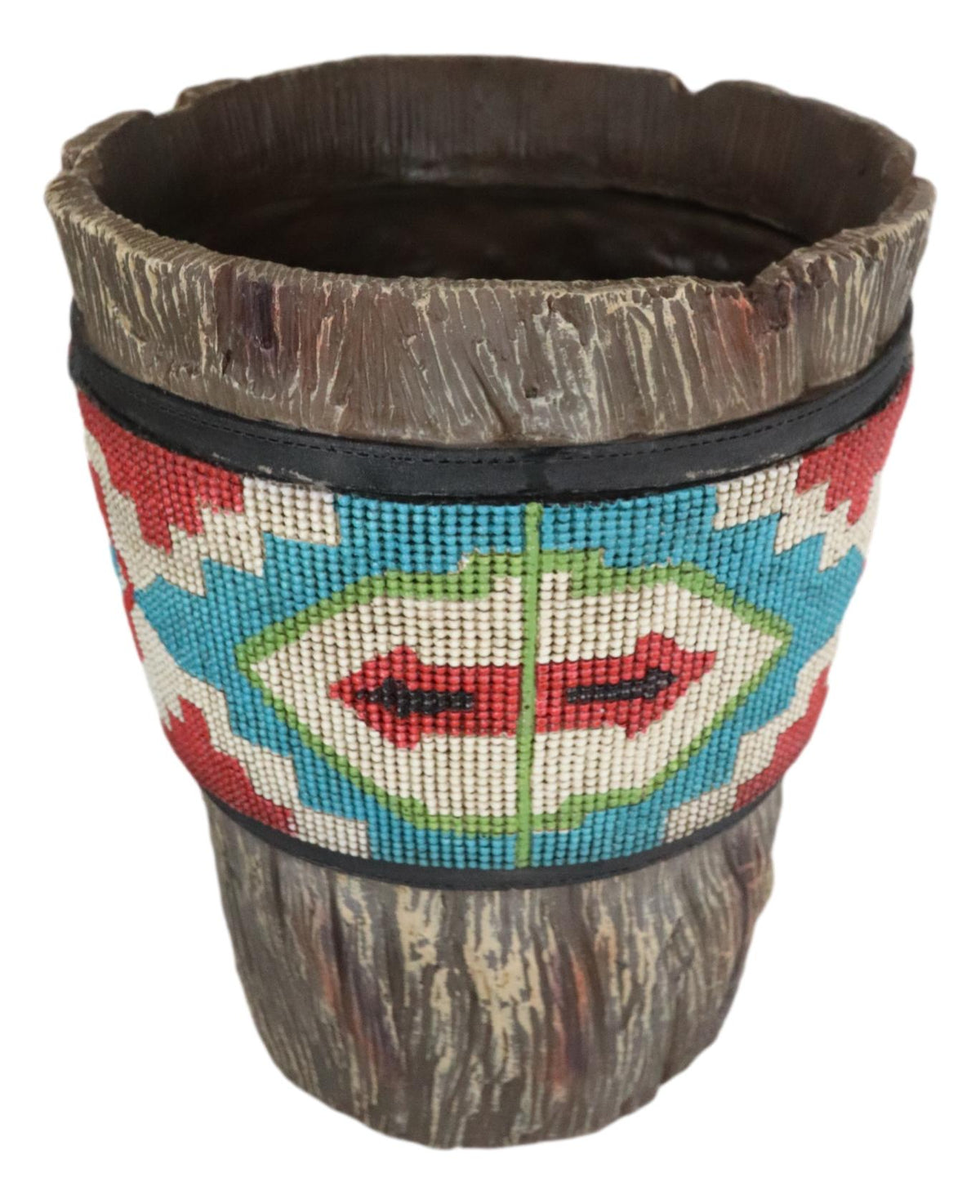 Rustic Western Turquoise Aztec Vector Pattern Faux Wood Waste Basket Trash Bin - Ebros Gift