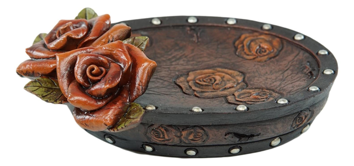 Rustic Western Faux Leather 3D Roses Tumbler Cup Soap Dish Toothbrush Holder Set