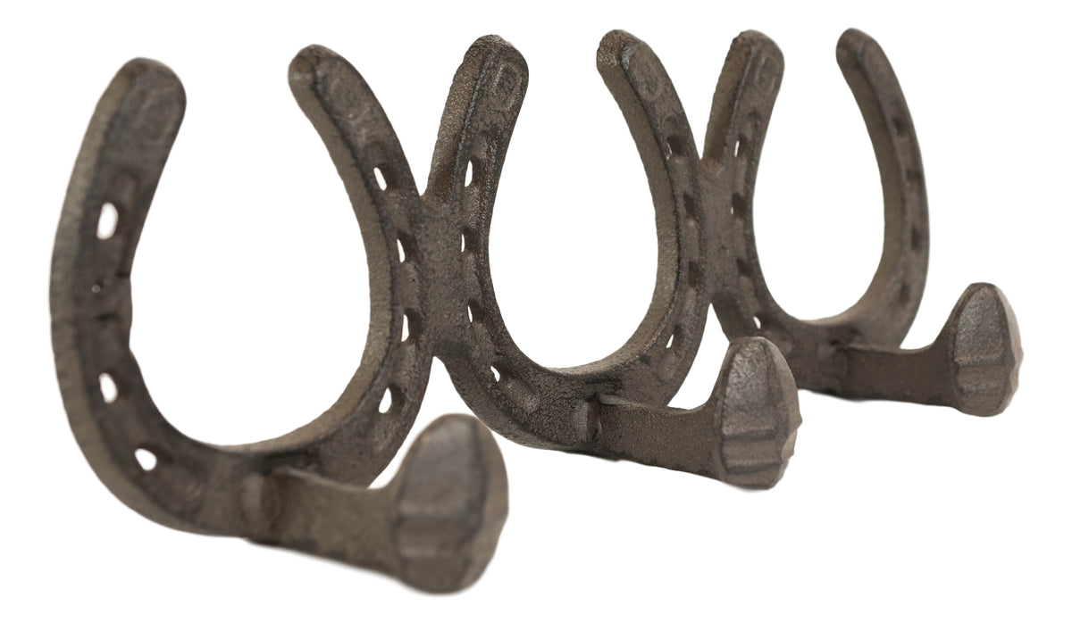 Rustic Western Cowboy 3 Horseshoes And Nail Spikes Coat Key Hat Leash Wall Hooks