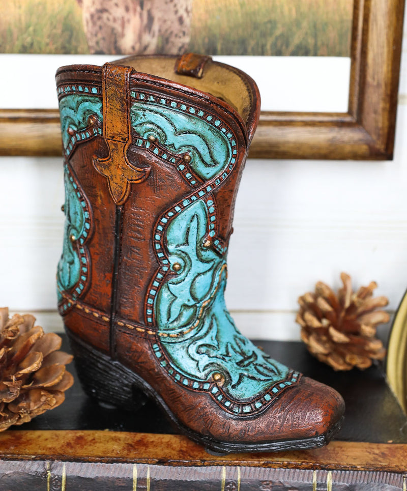 Rustic Western Cowboy Turquoise Floral Boot Figurine Stationery Holder Figurine