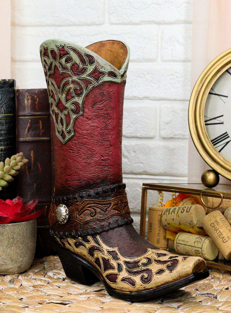 Rustic Western Red Brown Tooled Leather Scroll Lace Patterns Boot Floral Vase