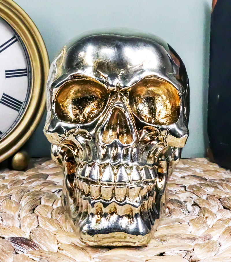 Ebros Gift Chrome Plated Golden Silver Treasure Skull Figurine 6.25"L