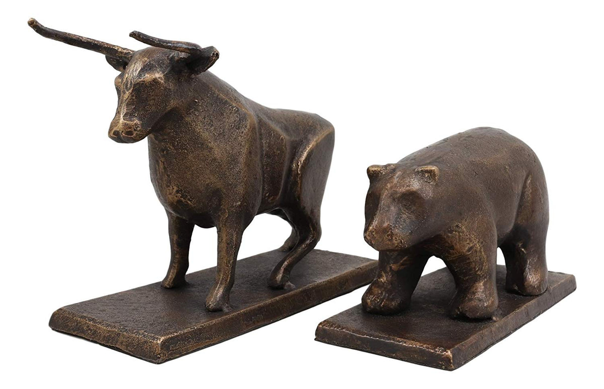 Ebros Cast Iron Wall Street Stock Market Charging Bull and Retreating Bear Bookends Statue Set Investors Money Managers Commodity Exchange Professionals Bulls VS Bears Animal Decor Figurine