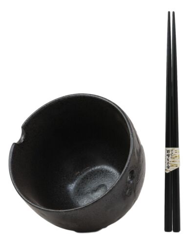 Whimsical Ceramic Black Owl Ramen Udong Noodles Soup Bowl With Chopsticks Set