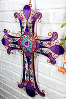 Purple Glitter Stained Glass Gemstones Copper Floral Celtic Cross Wall Decor