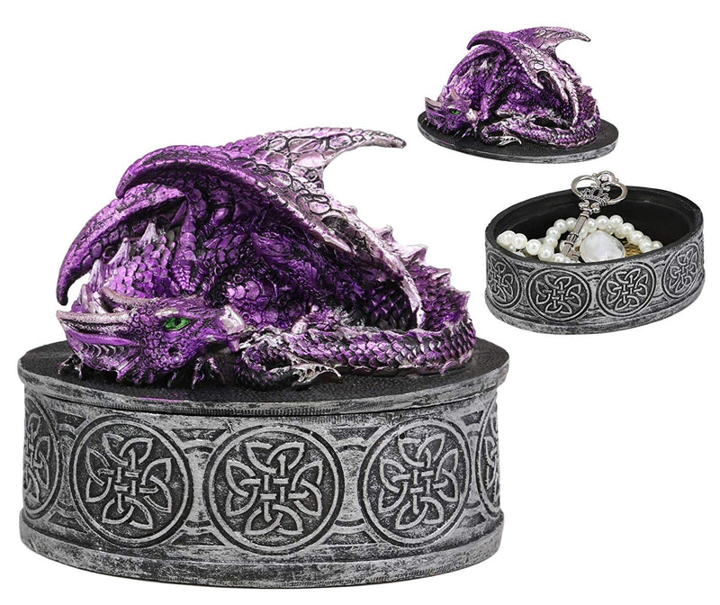 Ebros Gift Sleeping Purple Dragon Decorative Oval Trinket Jewelry Box Figurine with Celtic Knotwork 5" W