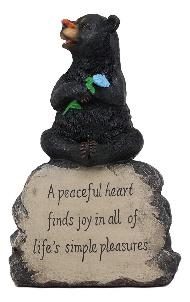 Ebros Rustic Forest Happy Heart Black Bear Sitting On Inspirational Rock Figurine with Life's Simple Pleasures Sayings Quote Whimsical Woodland Bears Animal Decor Statue