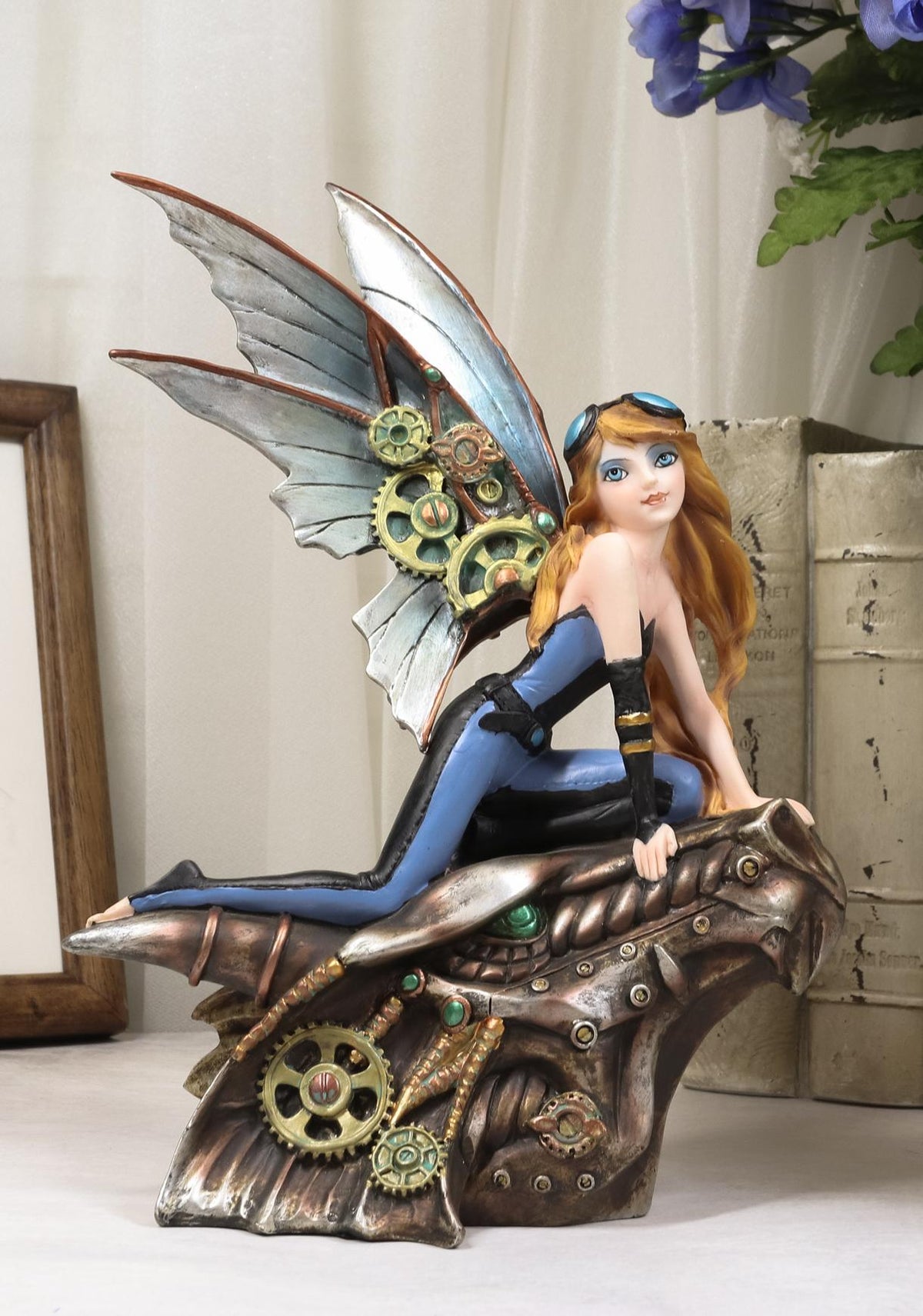 Ebros Steampunk Gearwork Pilot Fairy On Mechanical Cyborg Dragon Head Statue