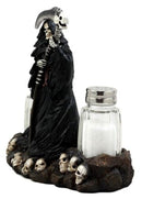 Grim Reaper Standing On Skull Graveyard Salt & Pepper Shakers Holder Set