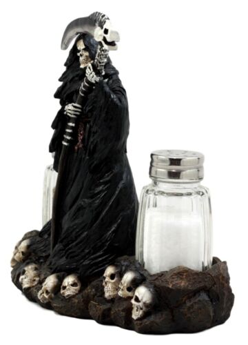Grim Reaper Standing On Skull Graveyard Salt & Pepper Shakers Holder Set