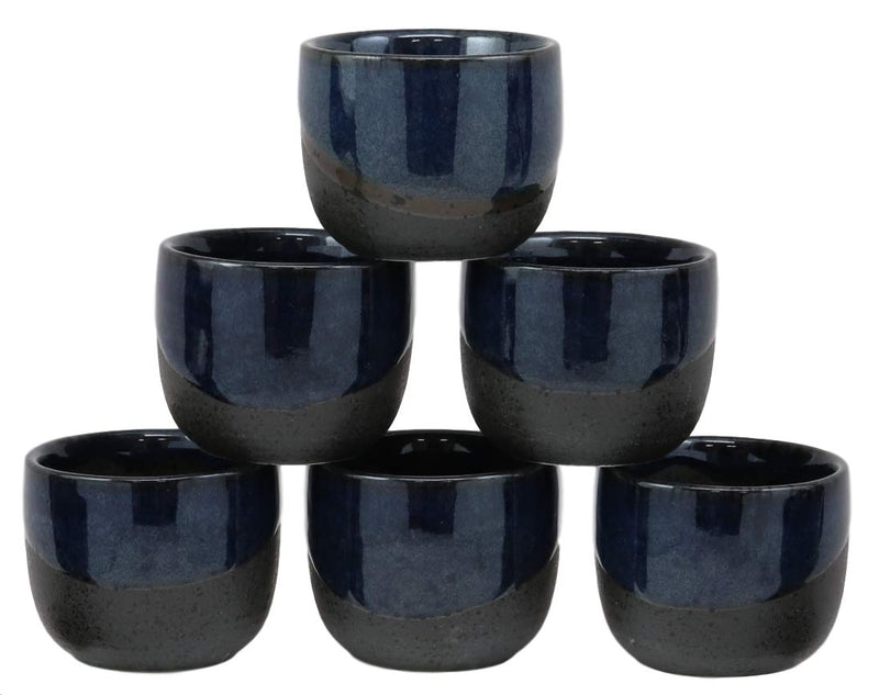 Ebros Gift Contemporary Blue And Black Horizon Sky Glazed Ceramic Pottery Heaven And Earth 'Ten To Ji' Design Japanese Rice Wine Sake Ochoko Cup Pack of 6 Cups