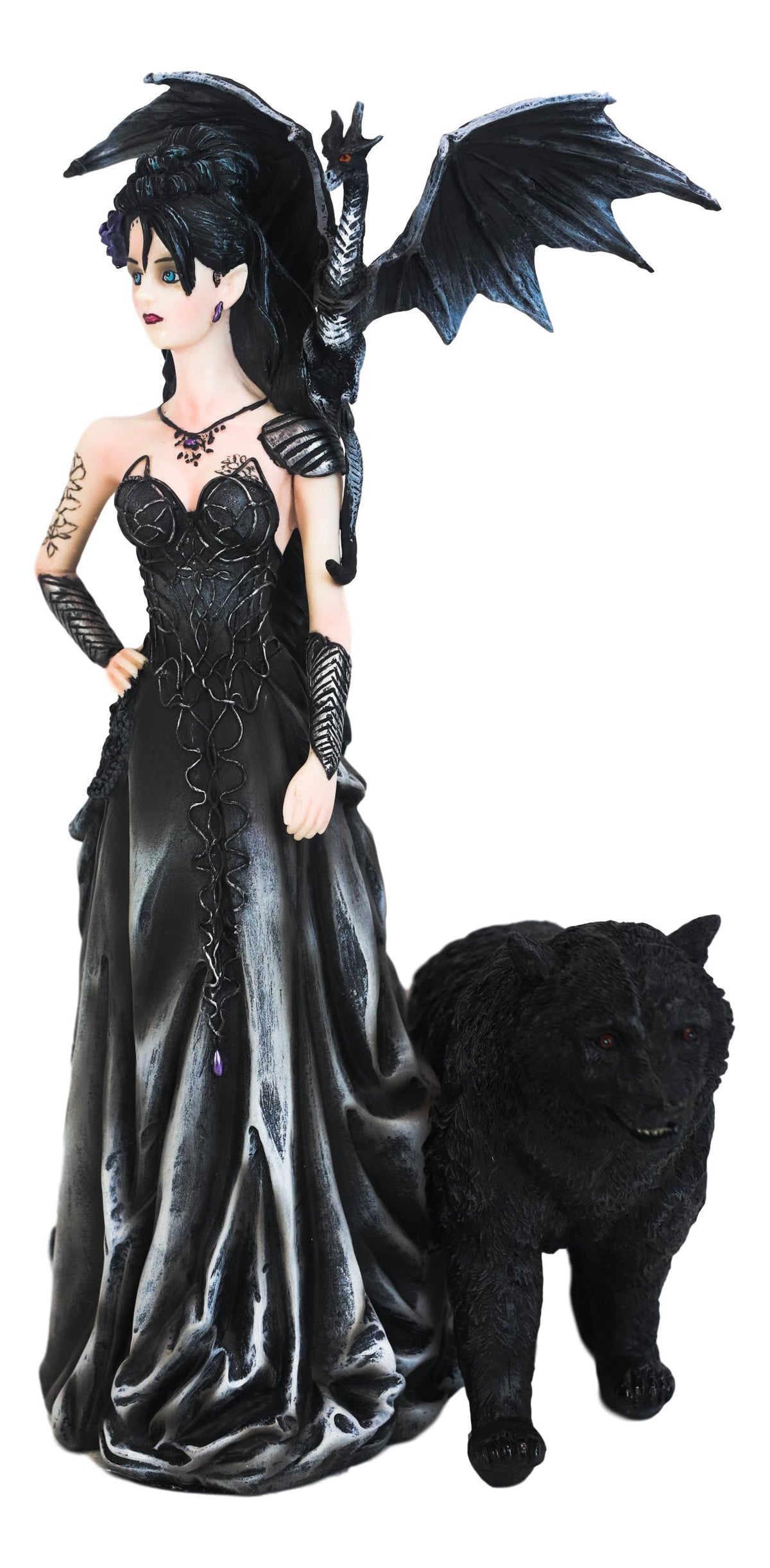 Gothic Bella Donna Purple Rose Witch Fairy with Black Dragon And Bear Statue