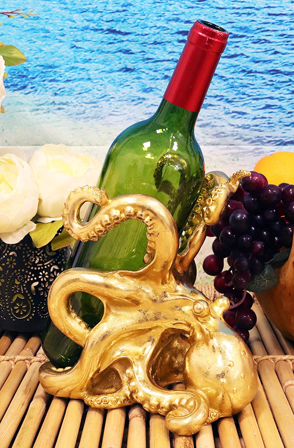 Nautical Gold Giant Sea Octopus Wine Holder Cephalopod Kraken Bottle Caddy Decor - Ebros Gift