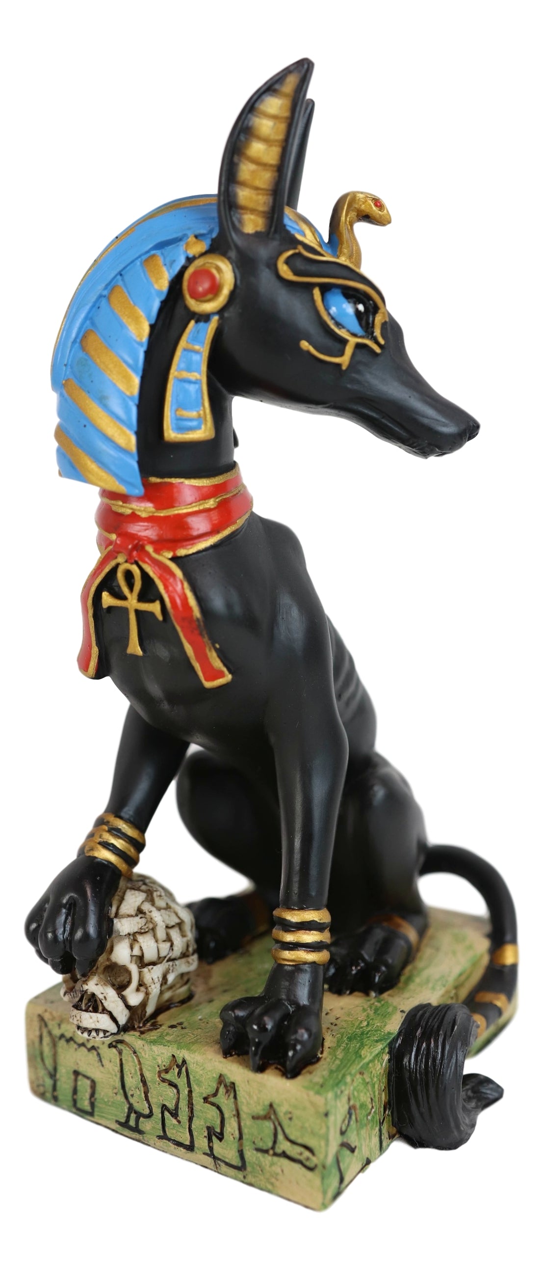 Egyptian God Of The Dead Anubis With Uraeus Crown Standing On Mummy Skull Statue