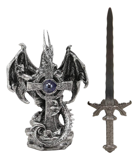 Ebros Gift Legendary Silver Dragon Guardian of The Celtic High Cross Letter Opener Figurine Sculpture Home and Office Decorative Sculpture Medieval Renaissance Dungeons and Dragons Fantasy - Ebros Gift