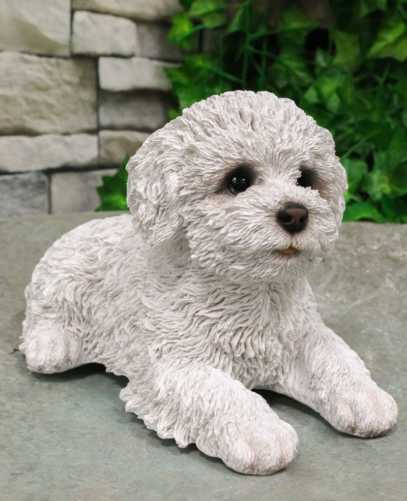 Realistic Adorable White Bichon Frise Puppy Dog Lying On Belly Pet Pal Figurine