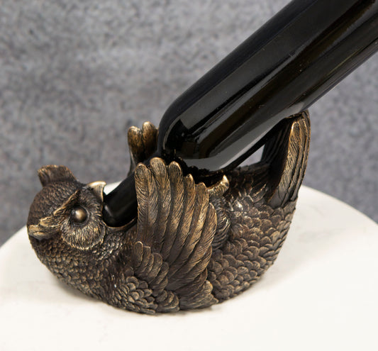Bronzed Wise Wine Great Horned Owl Wine Holder 9.25"Long Home Decor - Ebros Gift