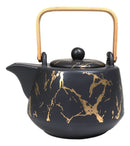 Black Faux Marble With Gold Veins Ceramic Tea Pot And Cups With Tray Set For 4