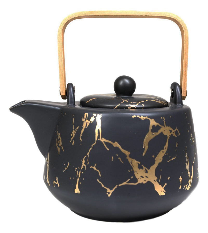 Black Faux Marble With Gold Veins Ceramic Tea Pot And Cups With Tray Set For 4