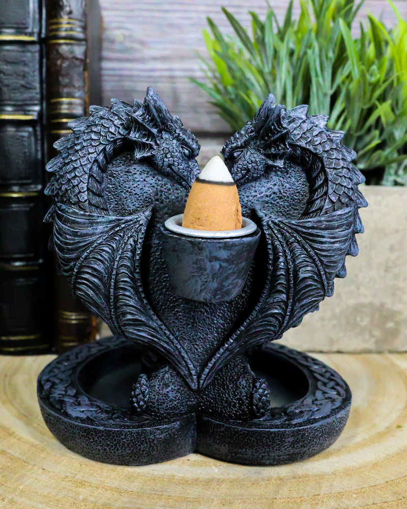 Romantic Double Dragon Heart With Celtic Knotwork Backflow Cone Incense Holder