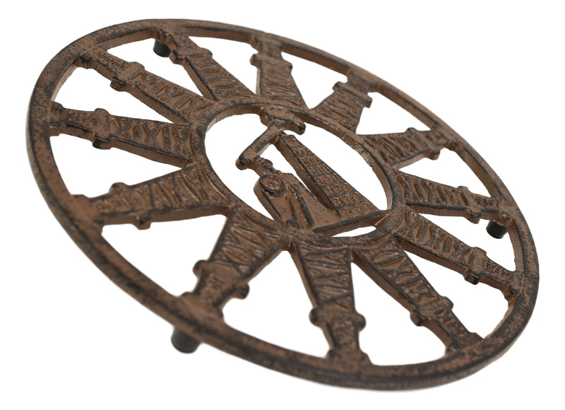 Rustic Round Pumpjack Cutout With Oil Derrick Towers Border Cast Iron Trivet