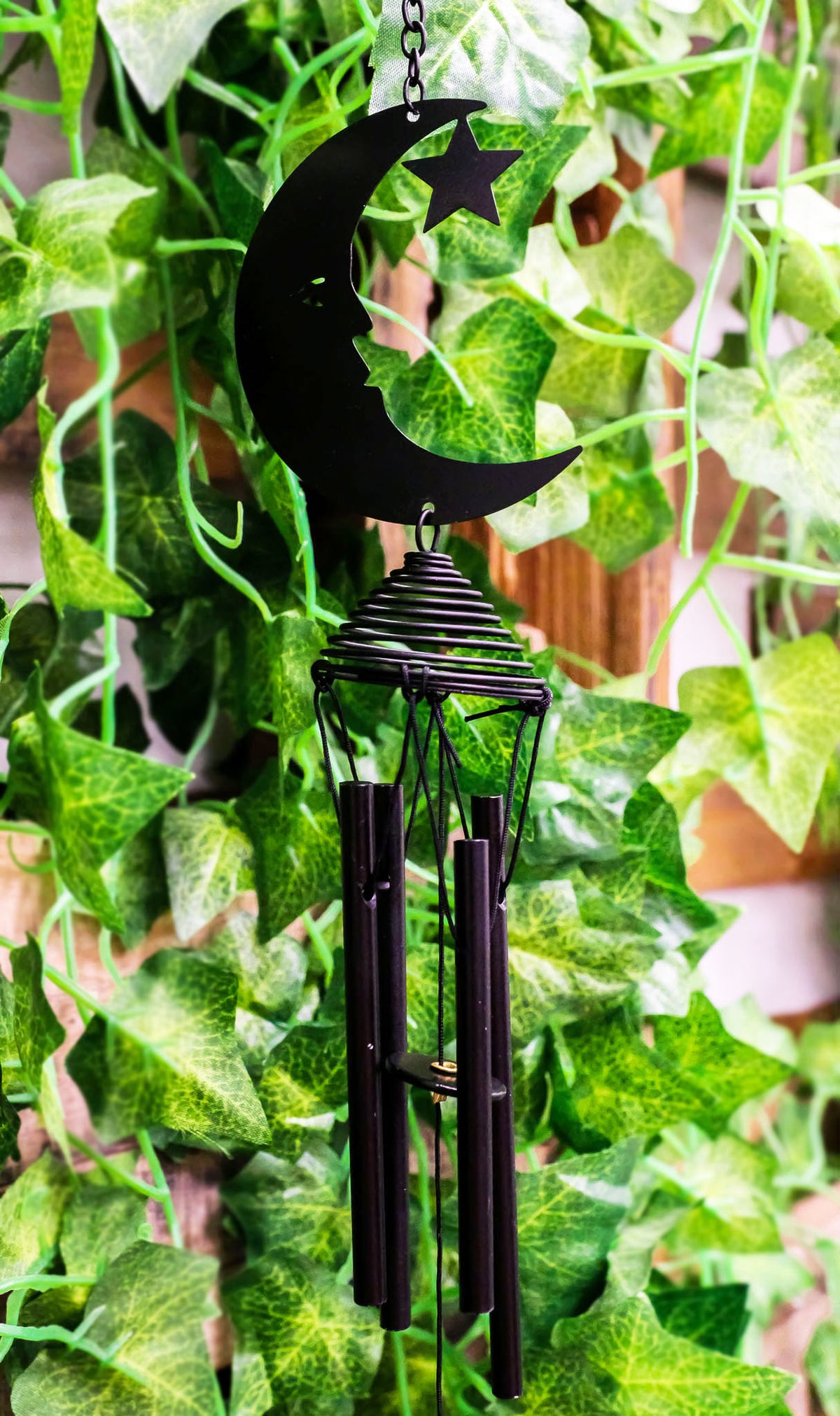 Wicca Witchcraft Crescent Moon Face with Star Coated Steel Metal Wind Chime