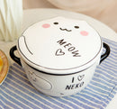 Pack Of 2 White Maneki Neko Lucky Cat Porcelain Kids Food Bowls W/ Lid 25Oz