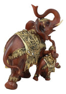 Buddha Feng Shui Decorated Golden Elephant With Calf Trumpeting Statue 10"L